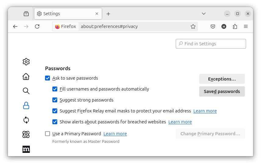 Click “Saved passwords” in Firefox settings to view stored passwords