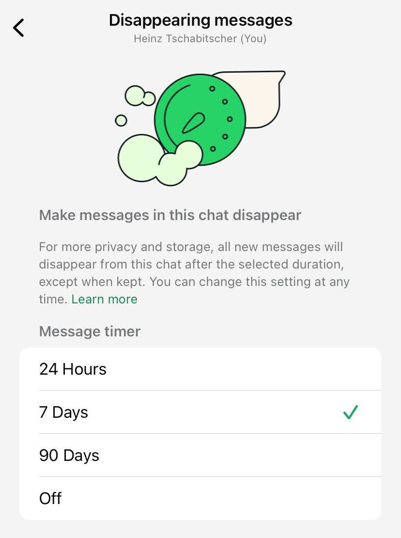 Turn on disappearing messages in WhatsApp for iOS