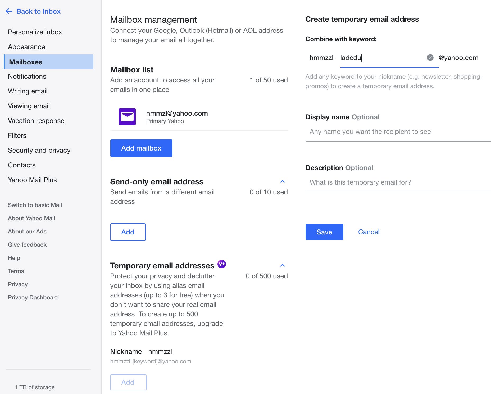 Add a temporary email alias address in Yahoo Mail