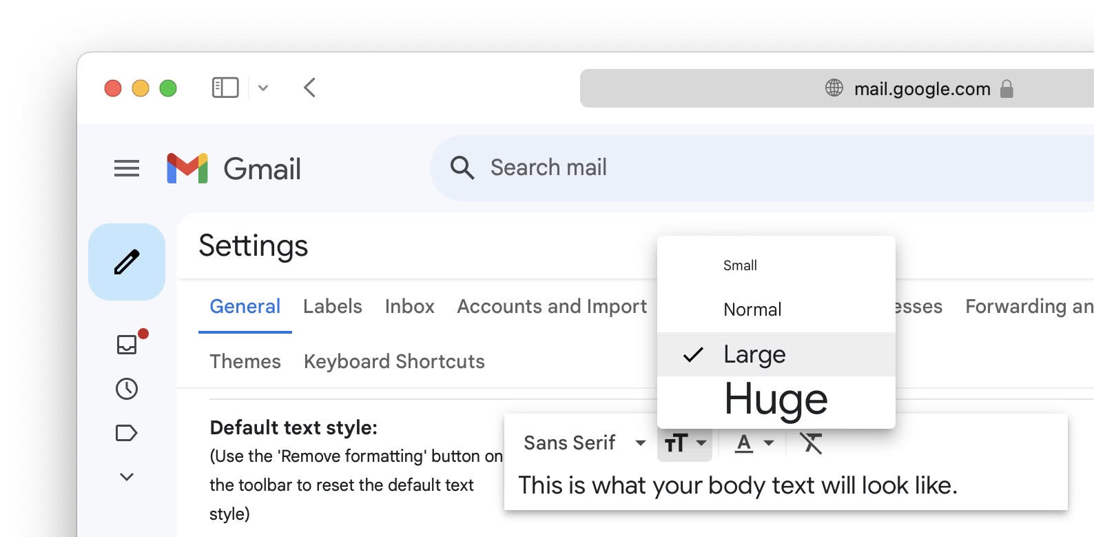 Changing the default font size for writing in Gmail