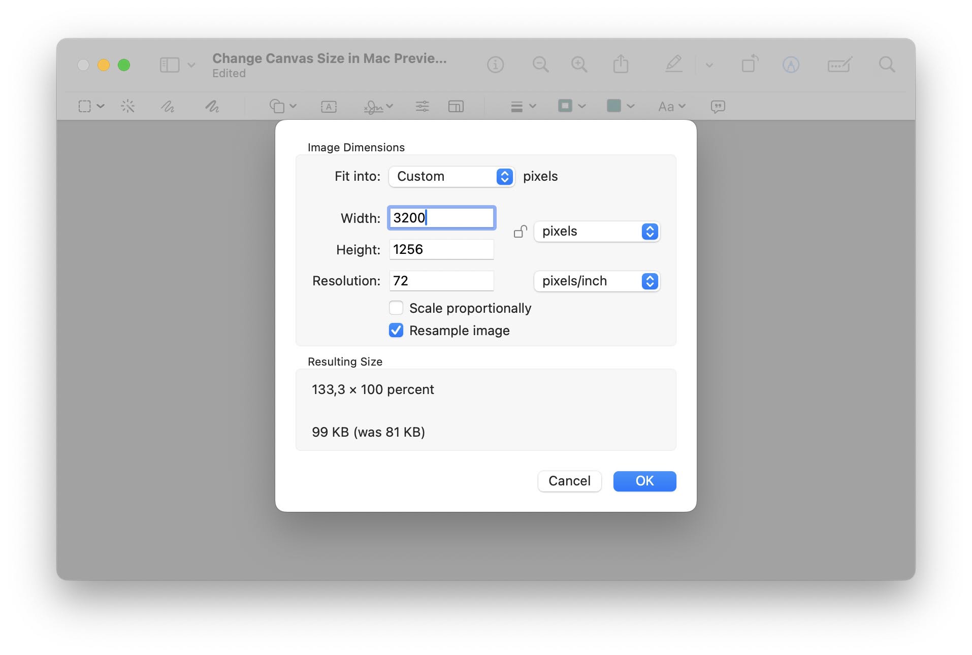 Choose the new size for the image canvas