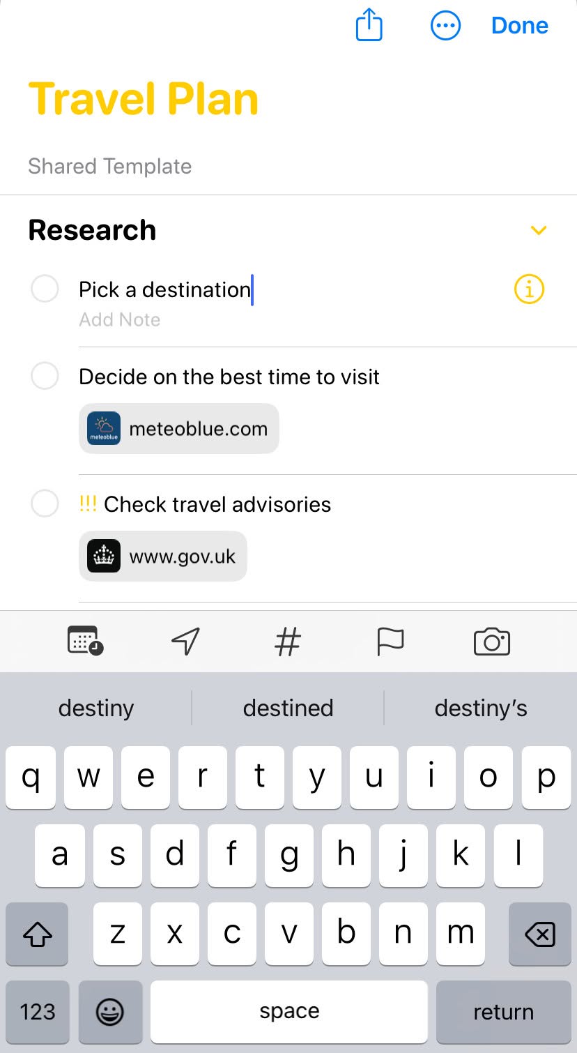 Editing a template’s task in Apple Reminders