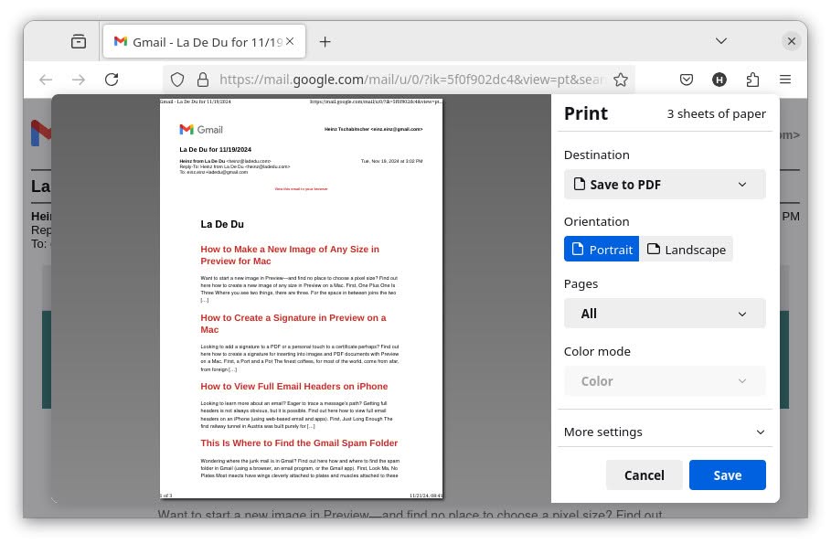 Saving an email to PDF from Gmail on Linux