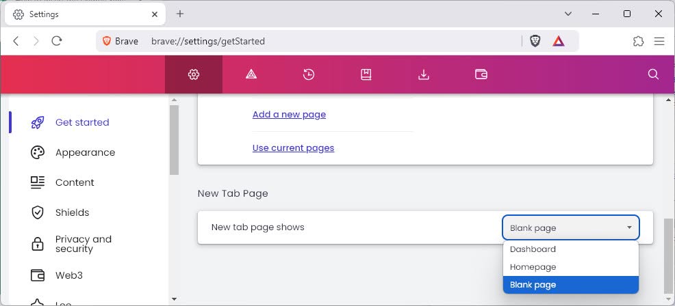 Use a blank new tab page in Brave browser