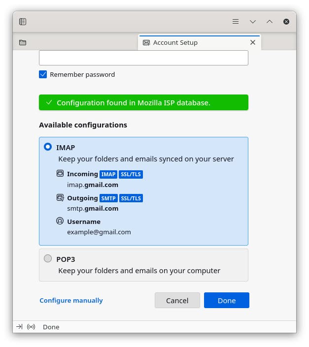 Choose POP3 or IMAP for automatic Gmail configuration in Thunderbird