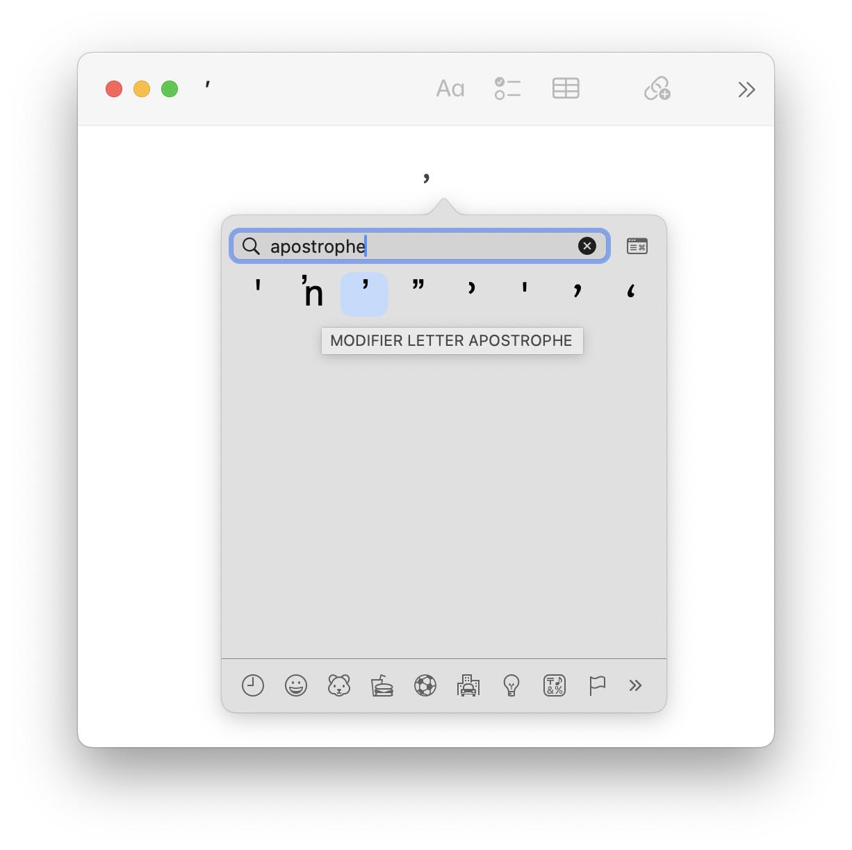 Insert a curly quote using the Mac emoji panel