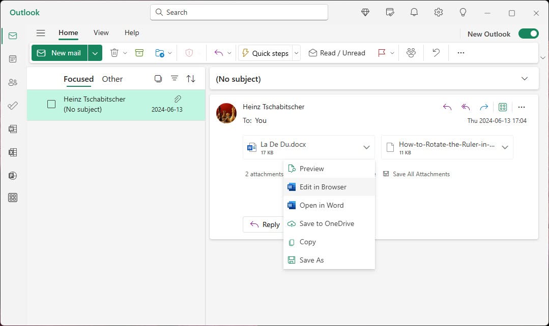 Open Office documents in a local or web app directly from Outlook for Windows