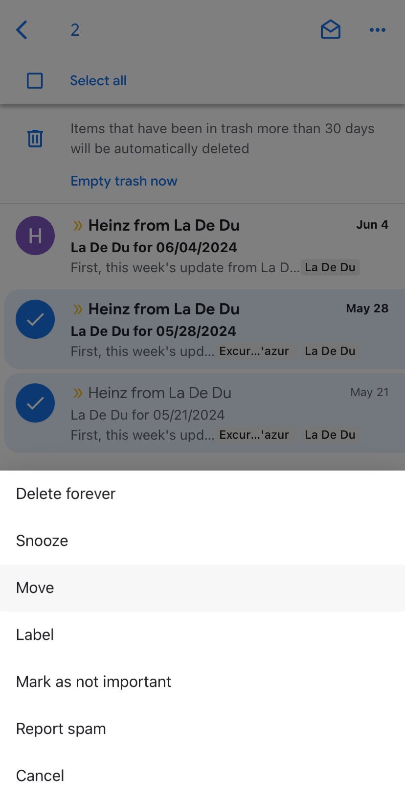 Recovering messages from the trash in the Gmail app for iOS
