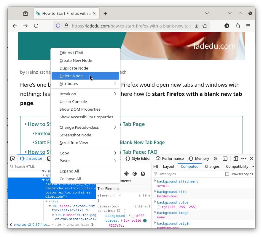 Select “Delete Node” to remove an unwanted element form a website (e.g., to take a screenshot) in Firefox