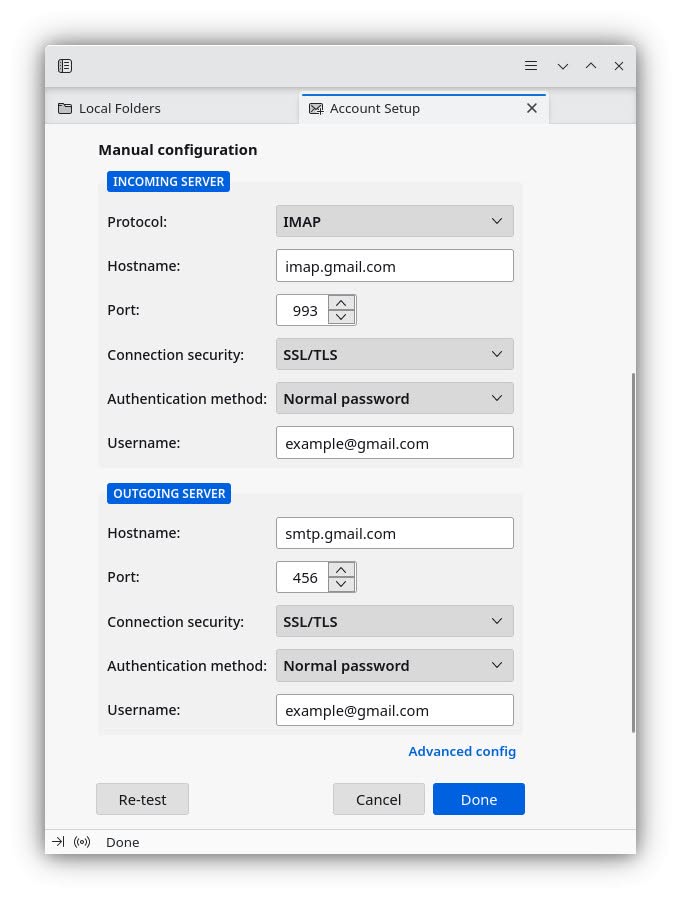 Settings for manual Gmail IMAP configuration