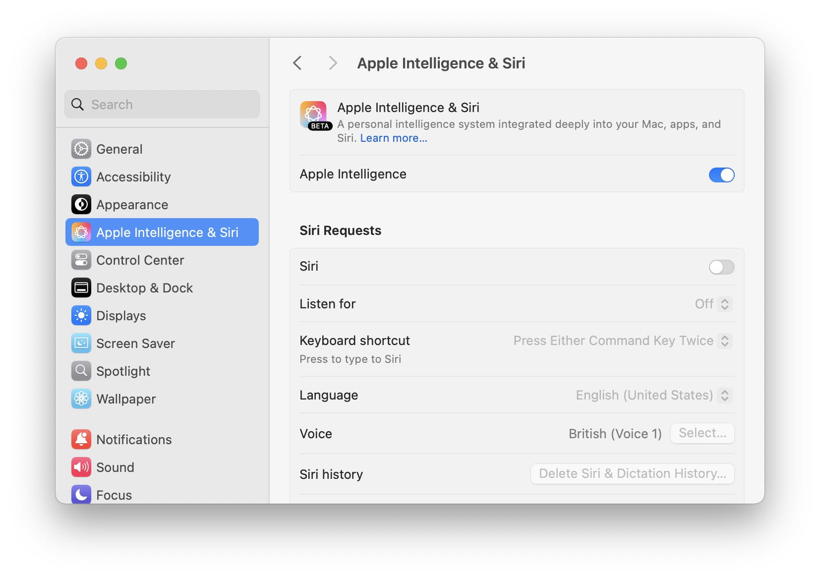 Turning off Siri on a Mac