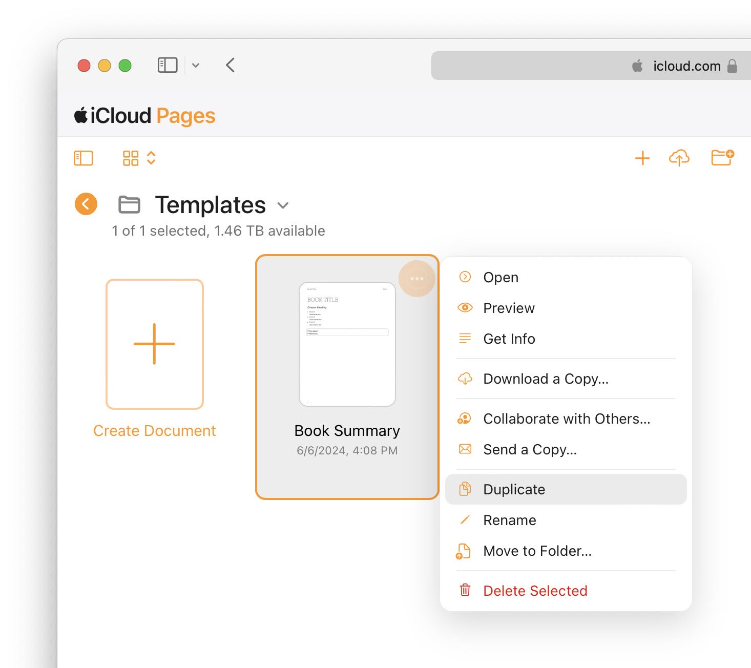 Using templates in iCloud Pages with “Duplicate”