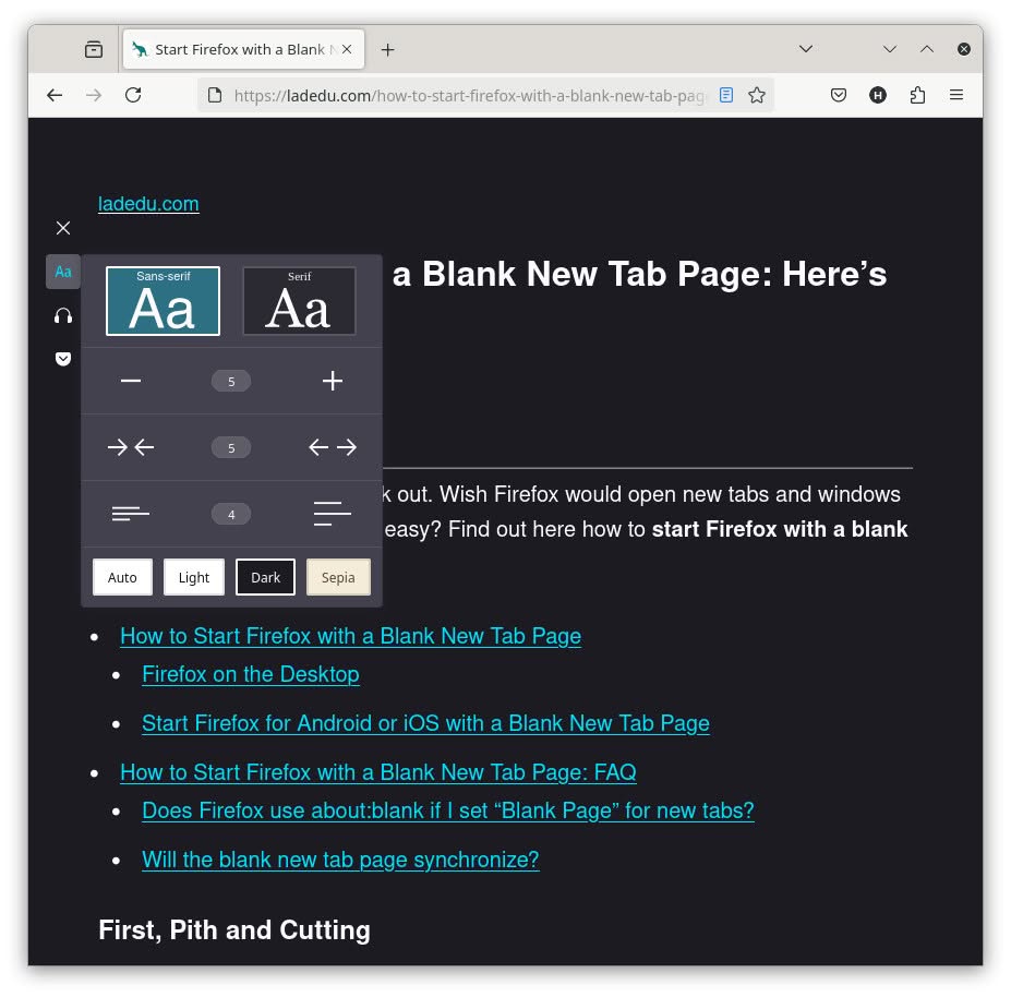 A page in Firefox reader view dark mode