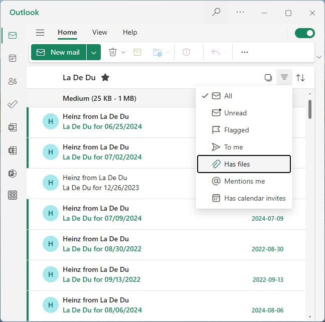 Enable the “Has files” filter to see only emails with attachments in Outlook