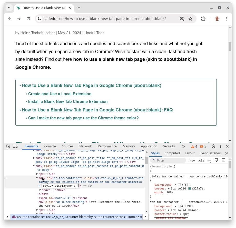 Hide an element on a page using Chrome developer tools