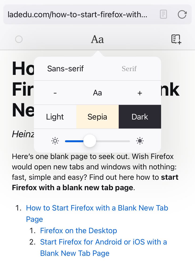 Reader mode in Firefox for iOS