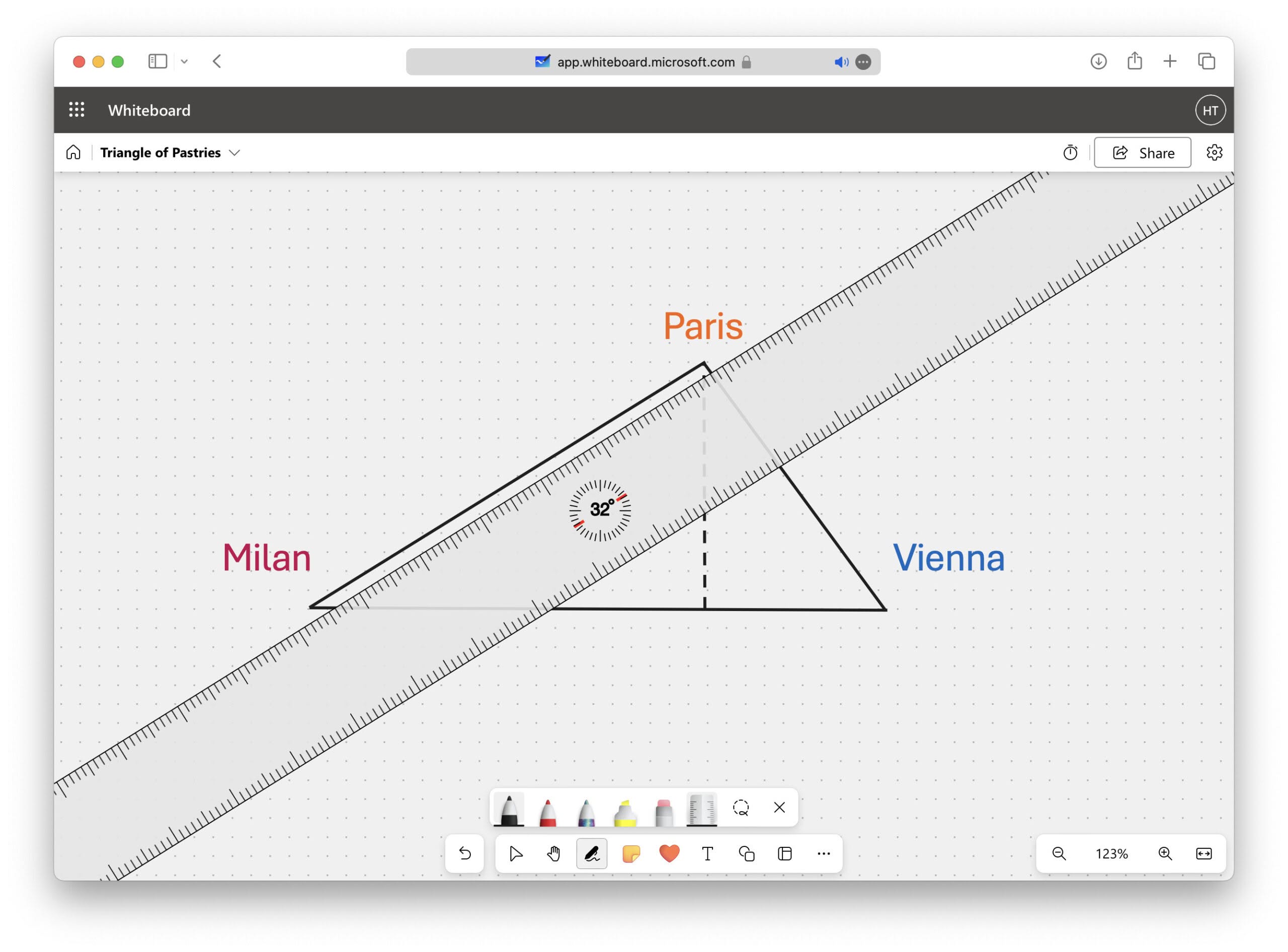 Rotate the ruler in Microsoft Whiteboard using the scroll wheel or trackpad