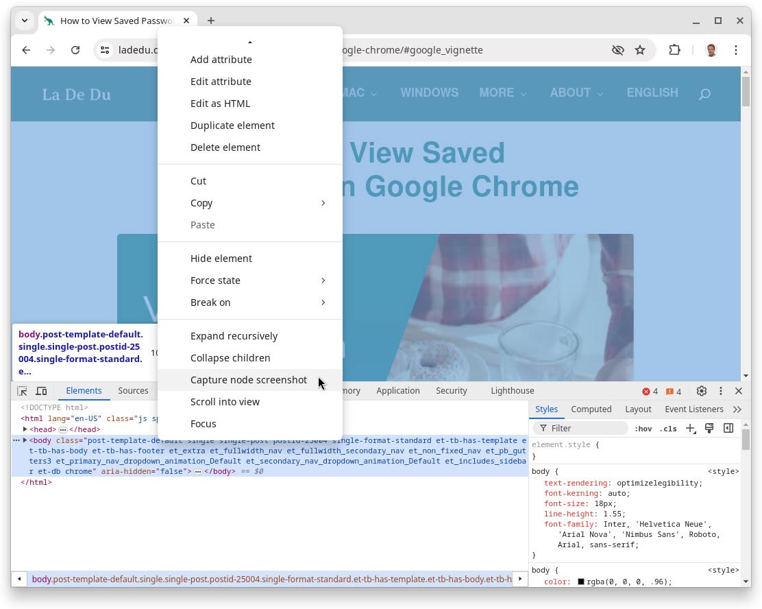 Select “Capture Node Screenshot” to take a full page screenshot in Google Chrome