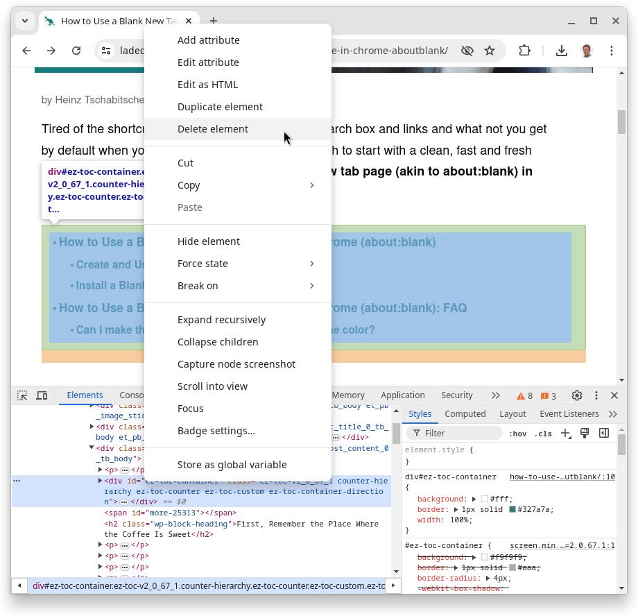 Select “Delete Element” to remove it from the web page’s rendering in Google Chrome