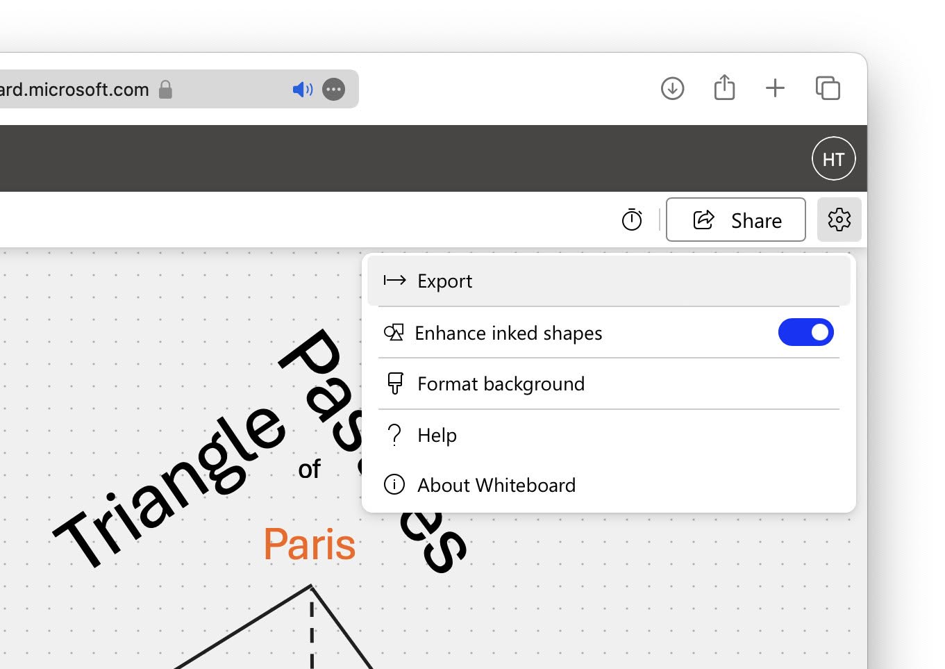 Select “Export” in MS Whiteboard to save a copy of a whiteboard