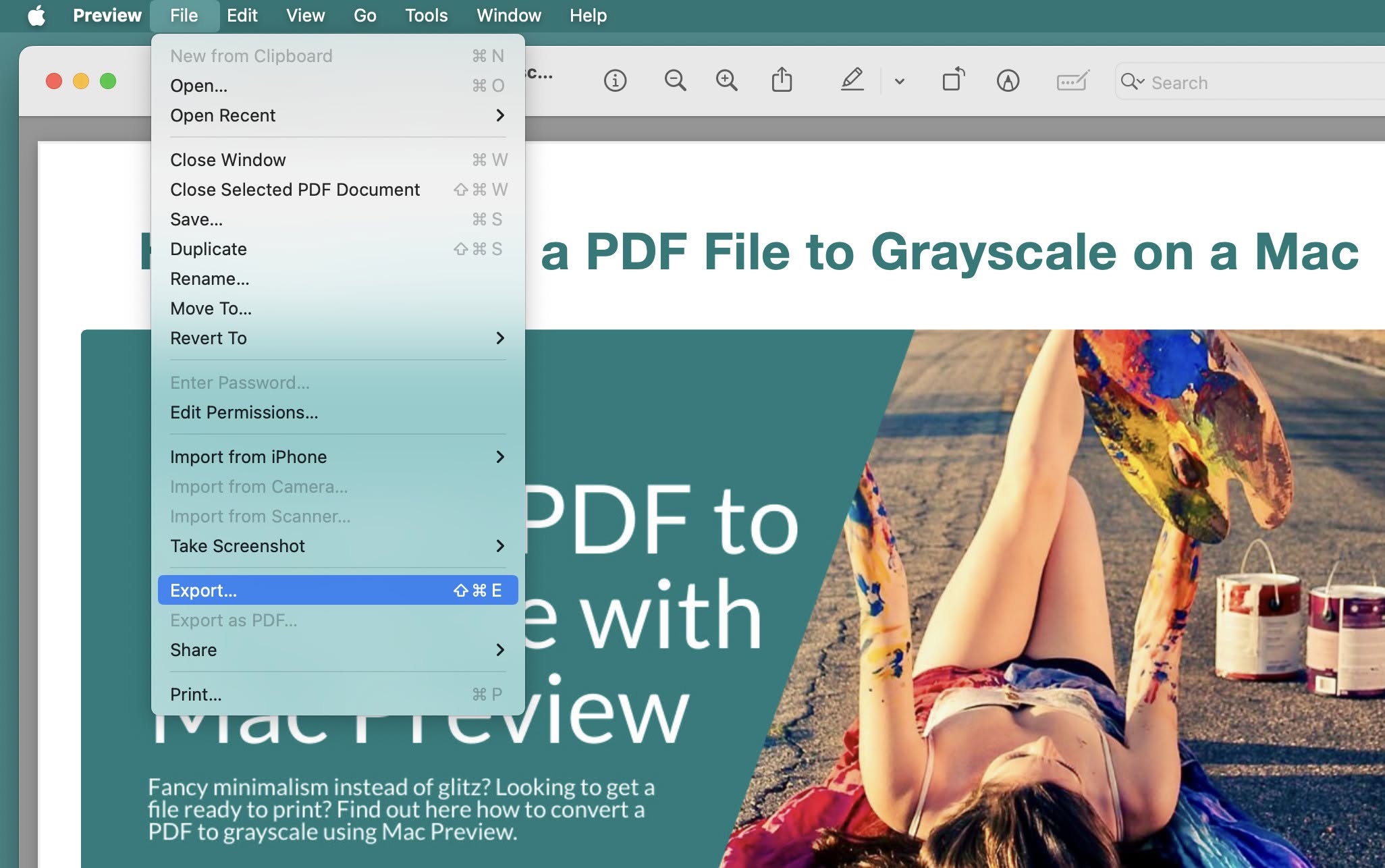 Select “File | Export…” from the menu to start converting a PDF file to grayscale in Mac Preview
