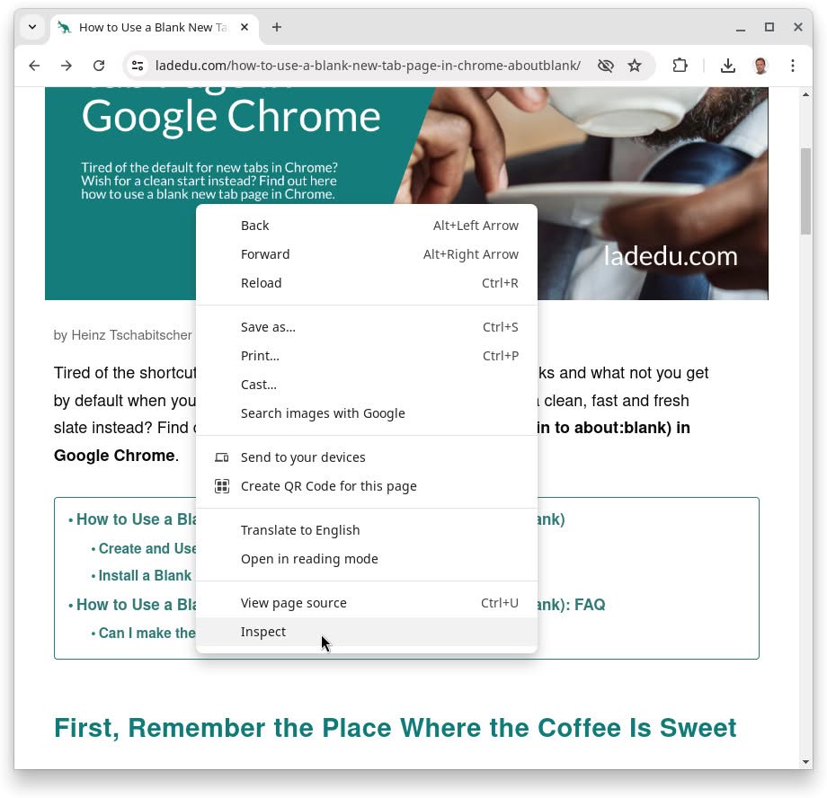 Select “Inspect” to open the element you want to remove in Chrome developer tools “Inspector”