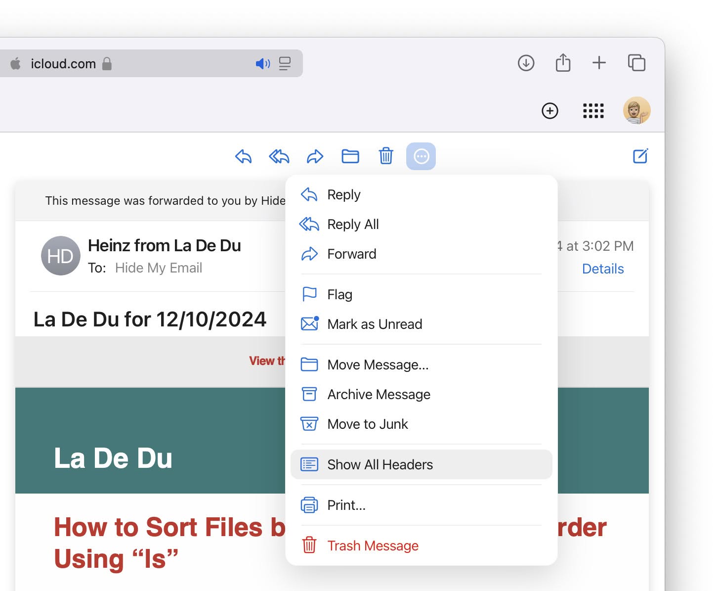 Select “Show All Headers” to View the Full Header Lines in iCloud Mail on iCloud.com