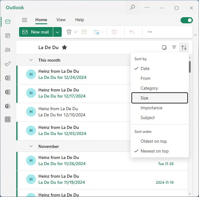 Select “Size” to sort an Outlook folder by size