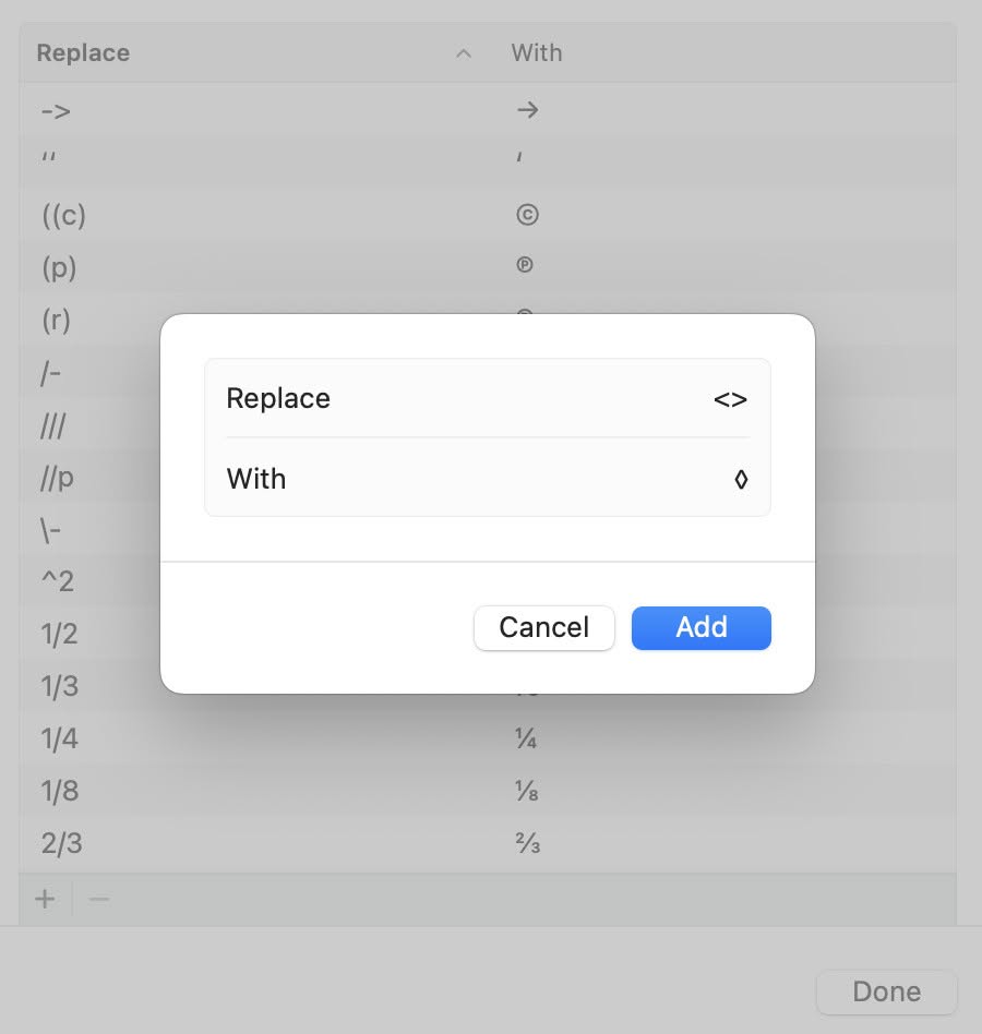 Set up text expansion for the lozenge character on a Mac