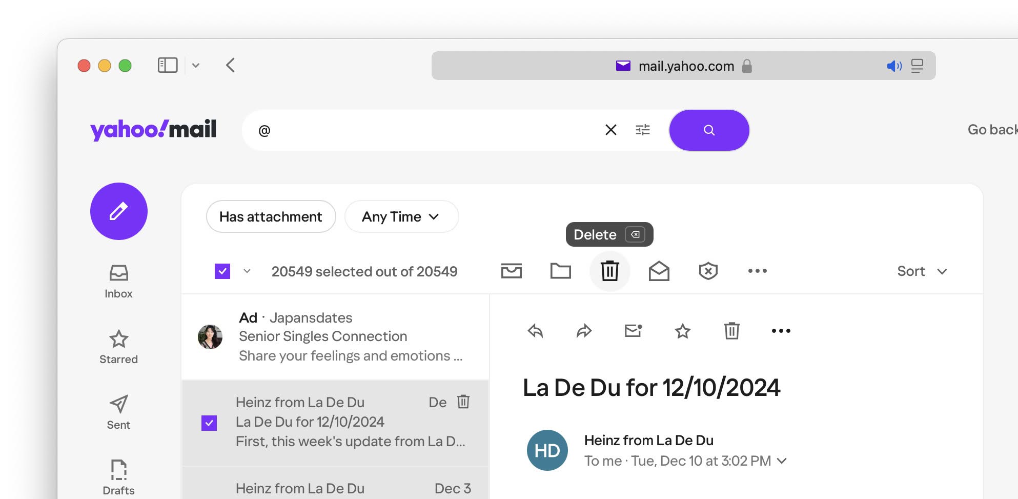 With all emails in Yahoo Mail selected, click “Delete”