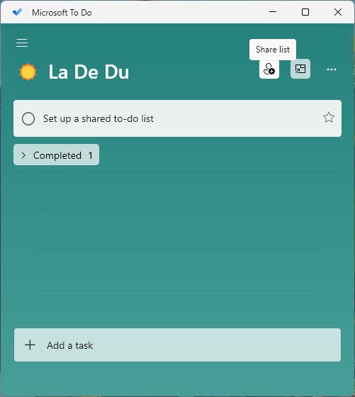 Click “Share list” to start sharing a list in Microsoft To Do