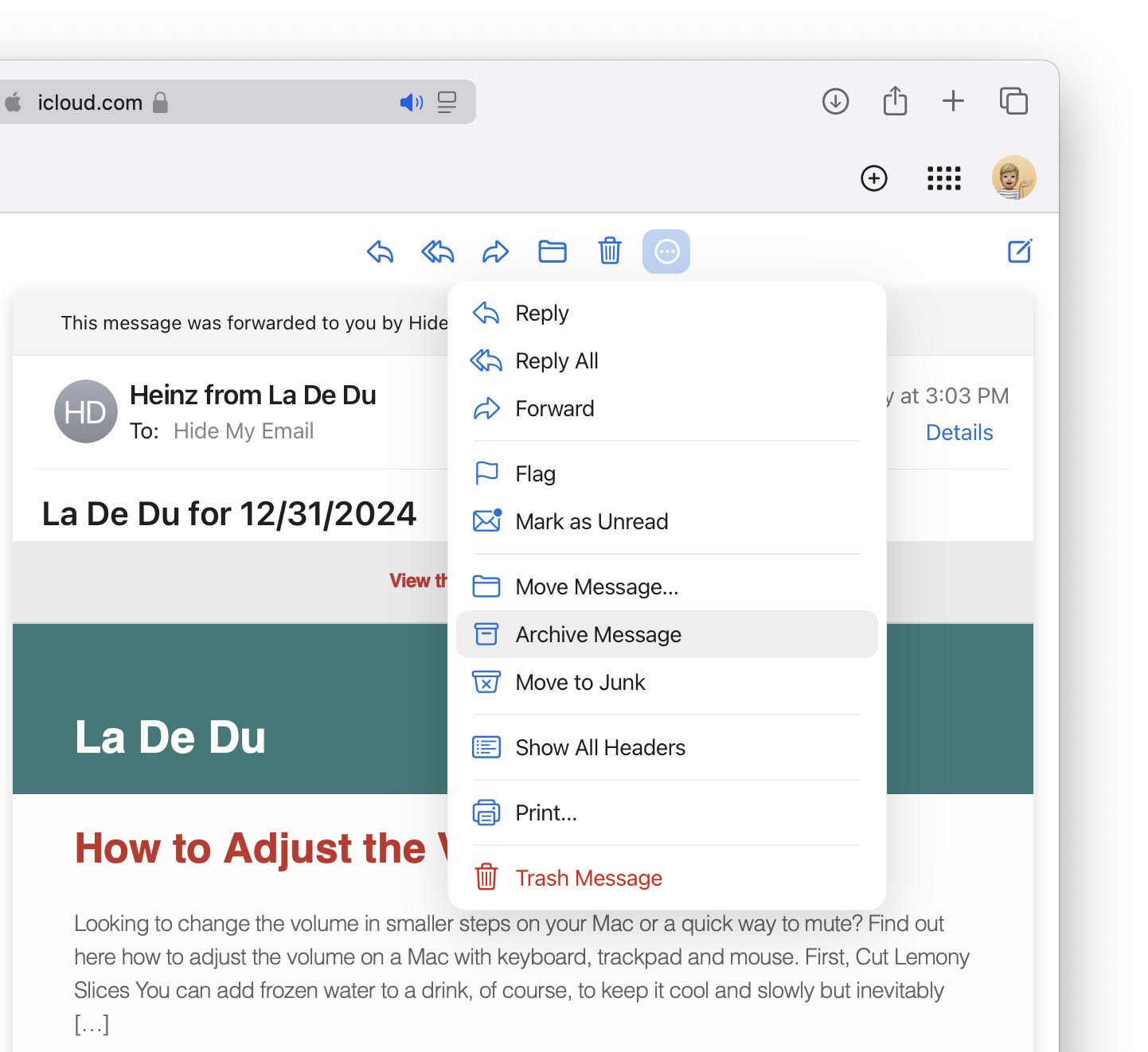 Moving an email to the iCloud Mail “Archive” folder at iCloud.com