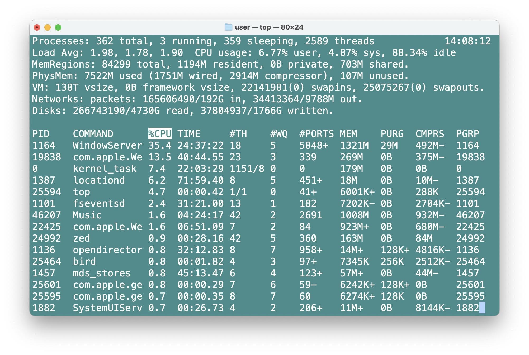 Seeing processes running on a Mac using top in macOS Terminal