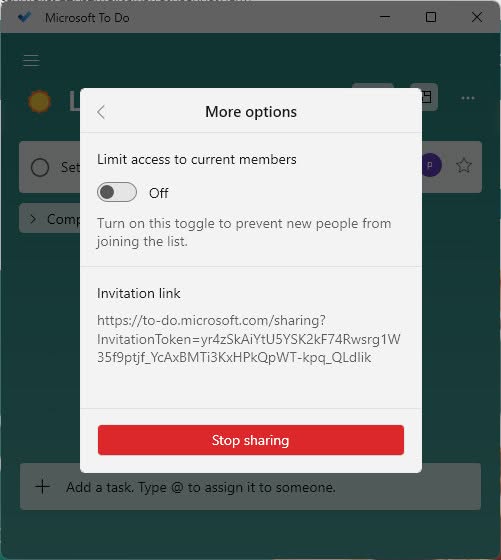 Turn on “Limit access to current members” in MS To Do after all members have joined