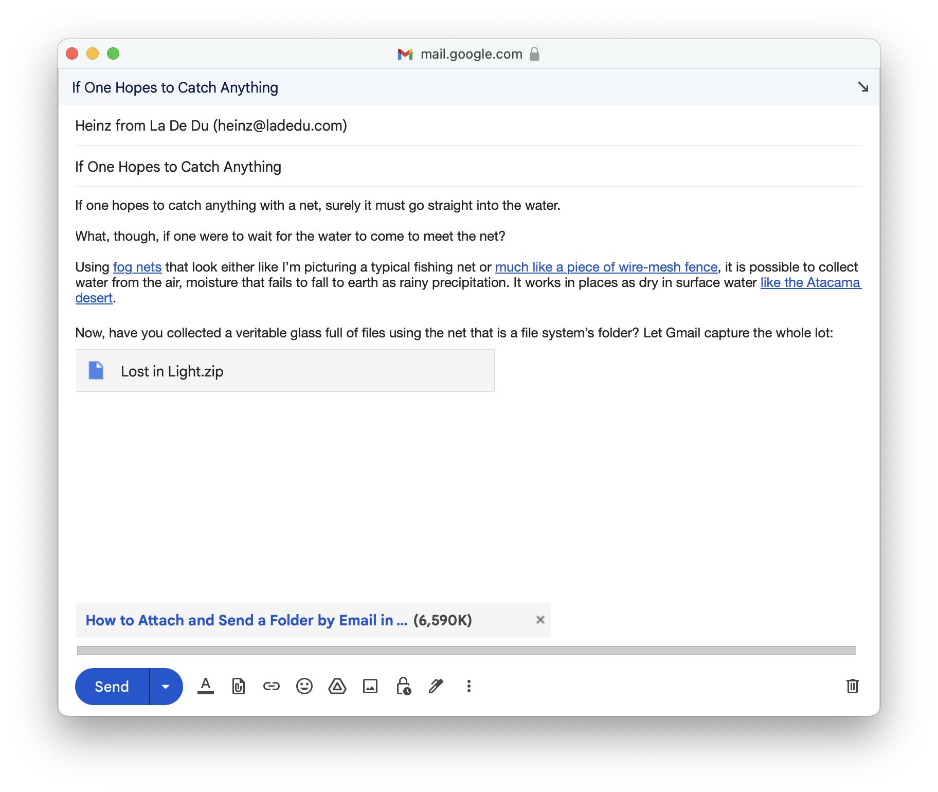 An email with a ZIP file attachment and a ZIP file included using Google Drive