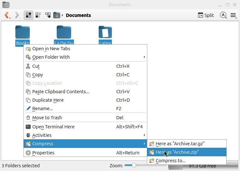 Compress folders into a ZIP file using KDE Dolphin
