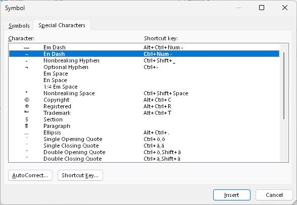 Double-click “En Dash” to insert the character using Word symbol dialog