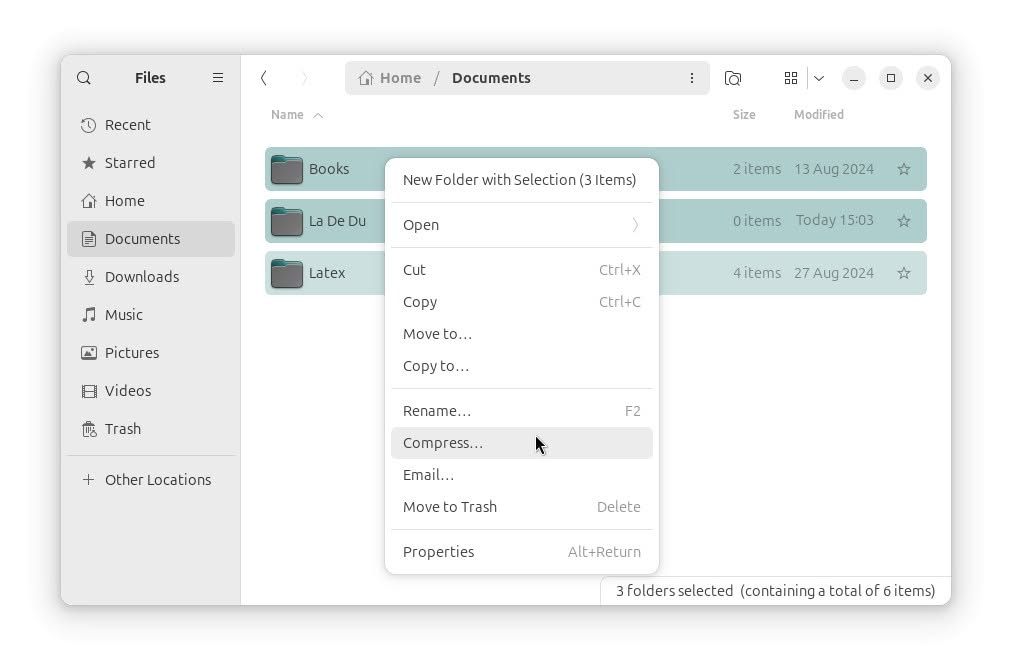 Select “Compress” in Files to create a ZIP file with Gnome on Linux