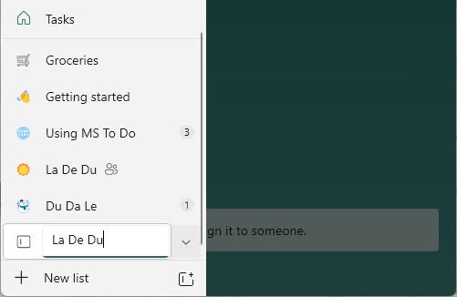 Type the name you want to use for the new group in Microsoft To Do