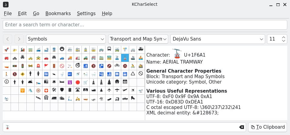 Using KCharSelect to find and insert Unicode emoji characters on KDE Linux
