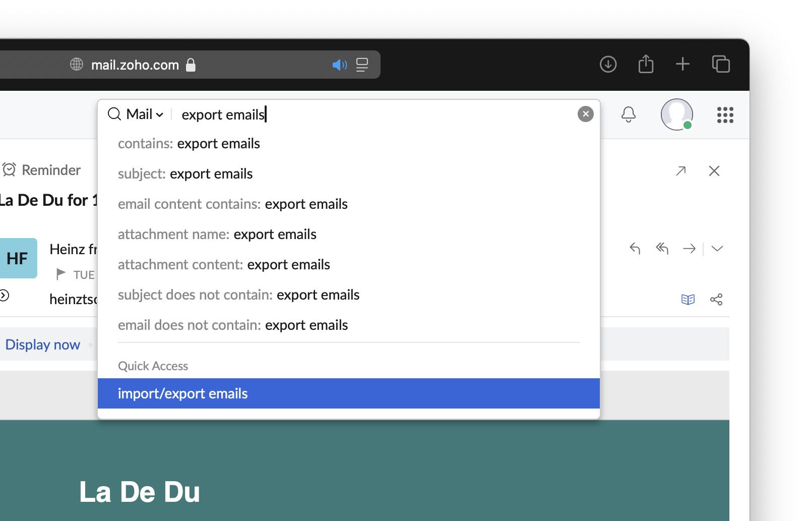 A shortcut to the Zoho Mail exporting tool