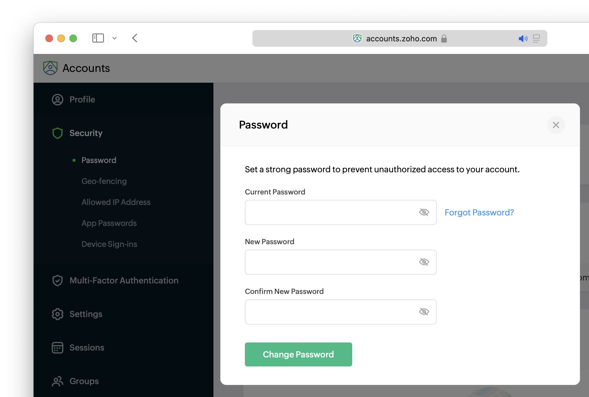 Changing the Zoho Mail password