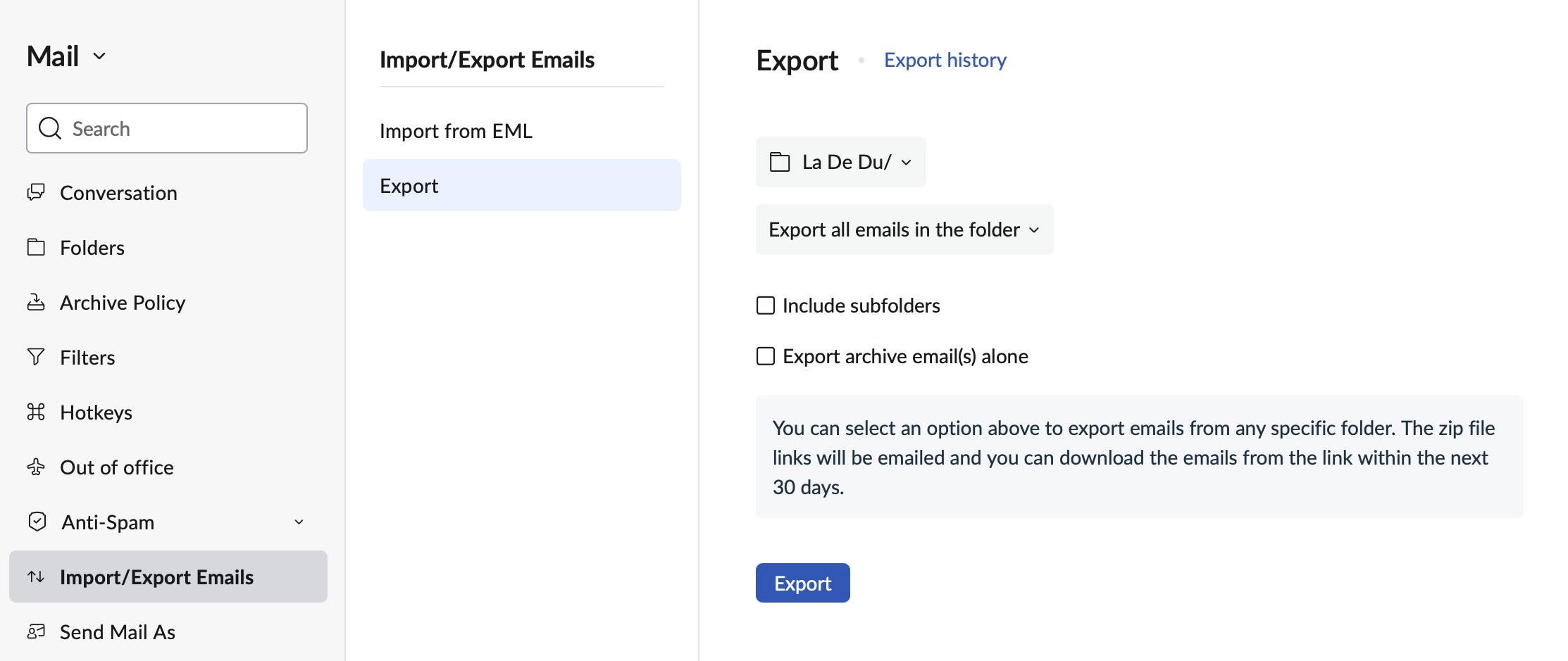 Click “Export” to download the emails in a Zoho Mail folder as EML files
