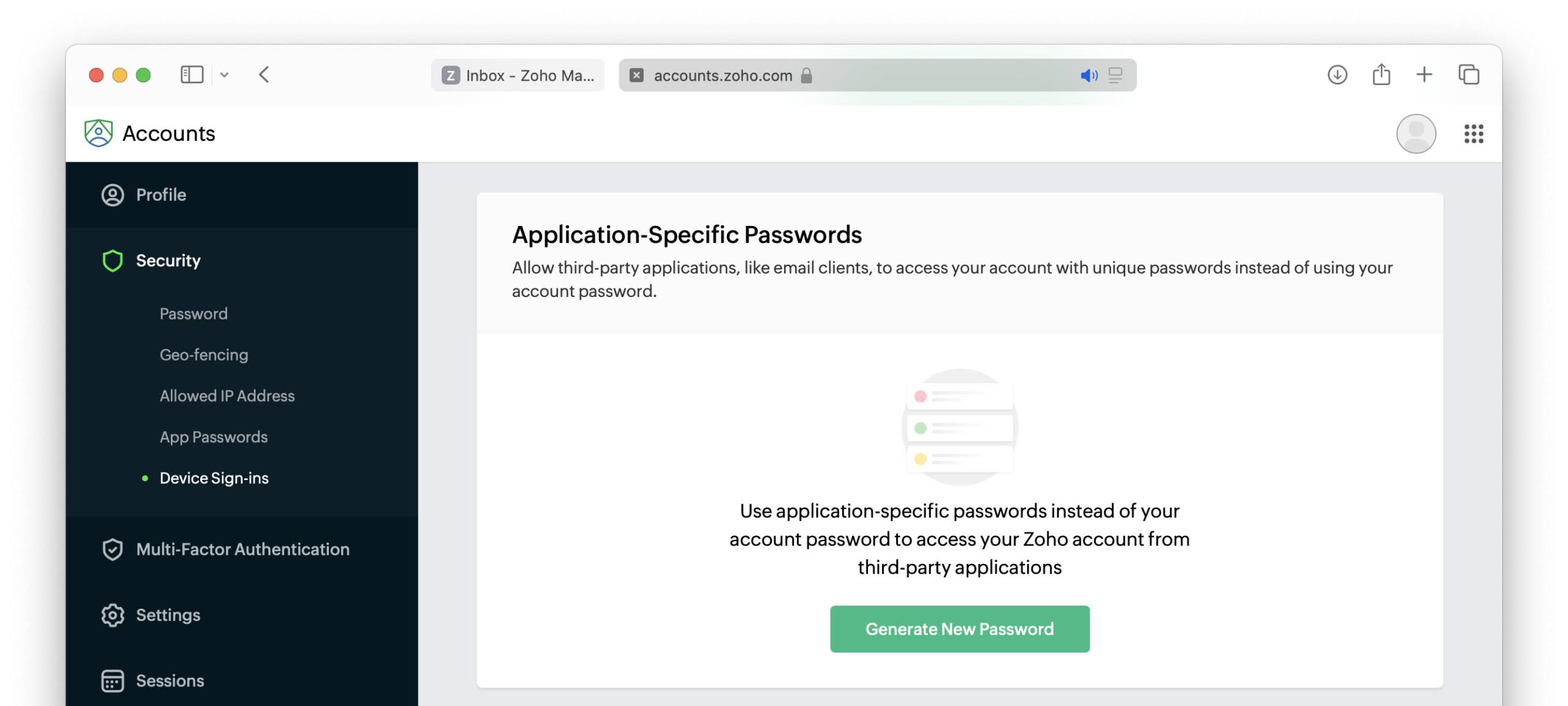 Click “Generate New Password” to add an application-specific password in Zoho Mail