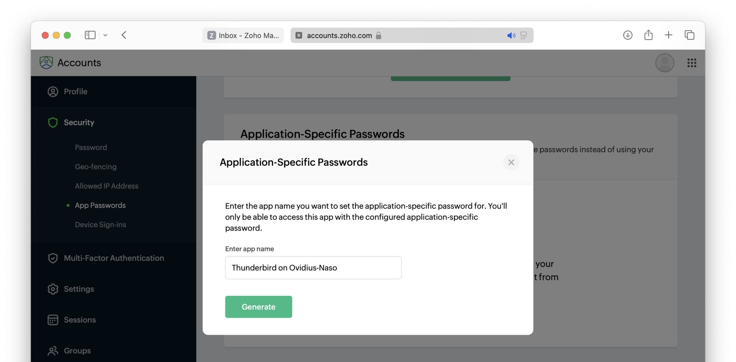 Click “Generate” to have Zoho Mail generate an app password