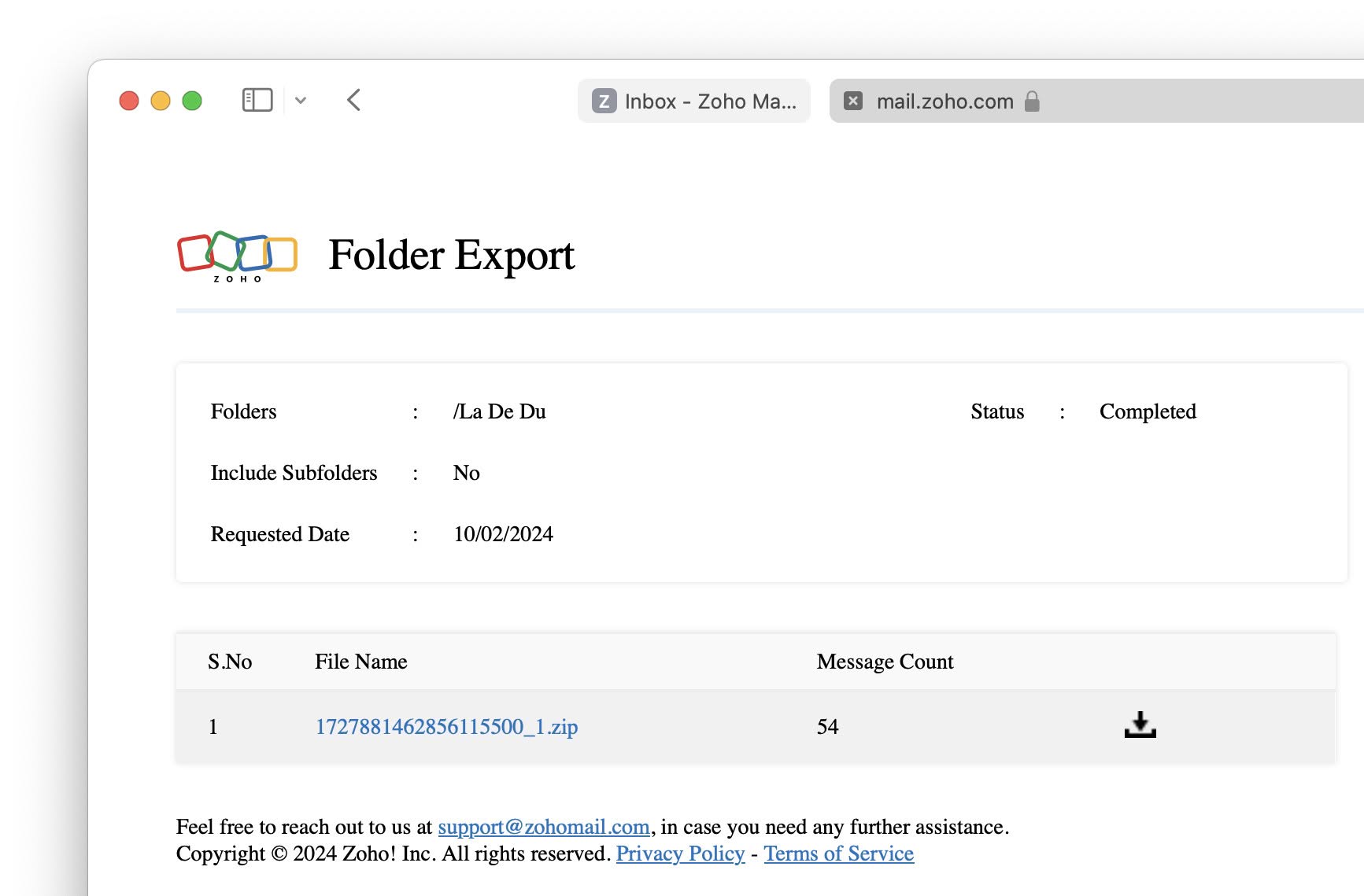 Click the download icon to retrieve the ZIP file with a Zoho Mail folder’s emails as EML files