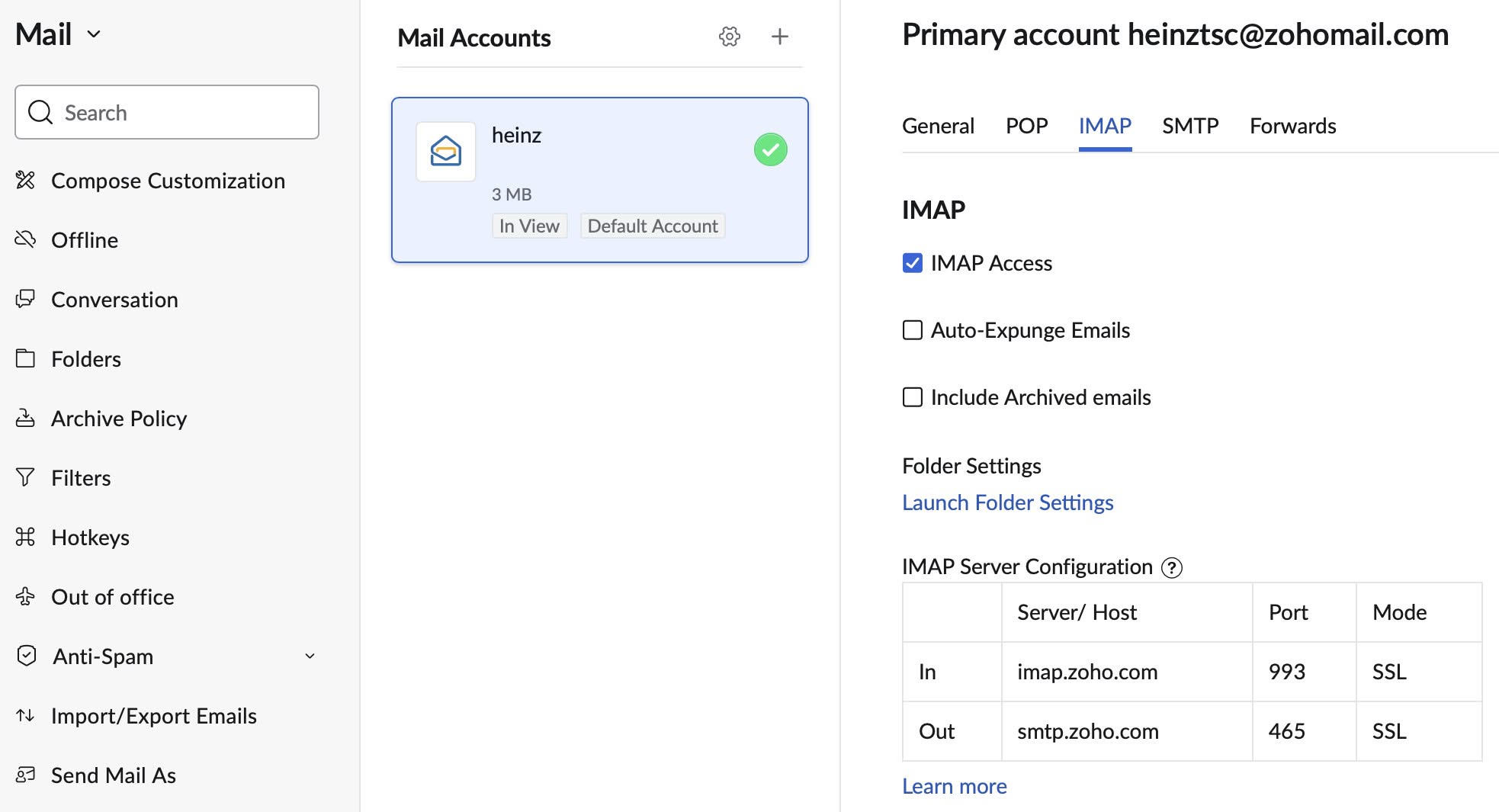 Enable IMAP access for a Zoho Mail account