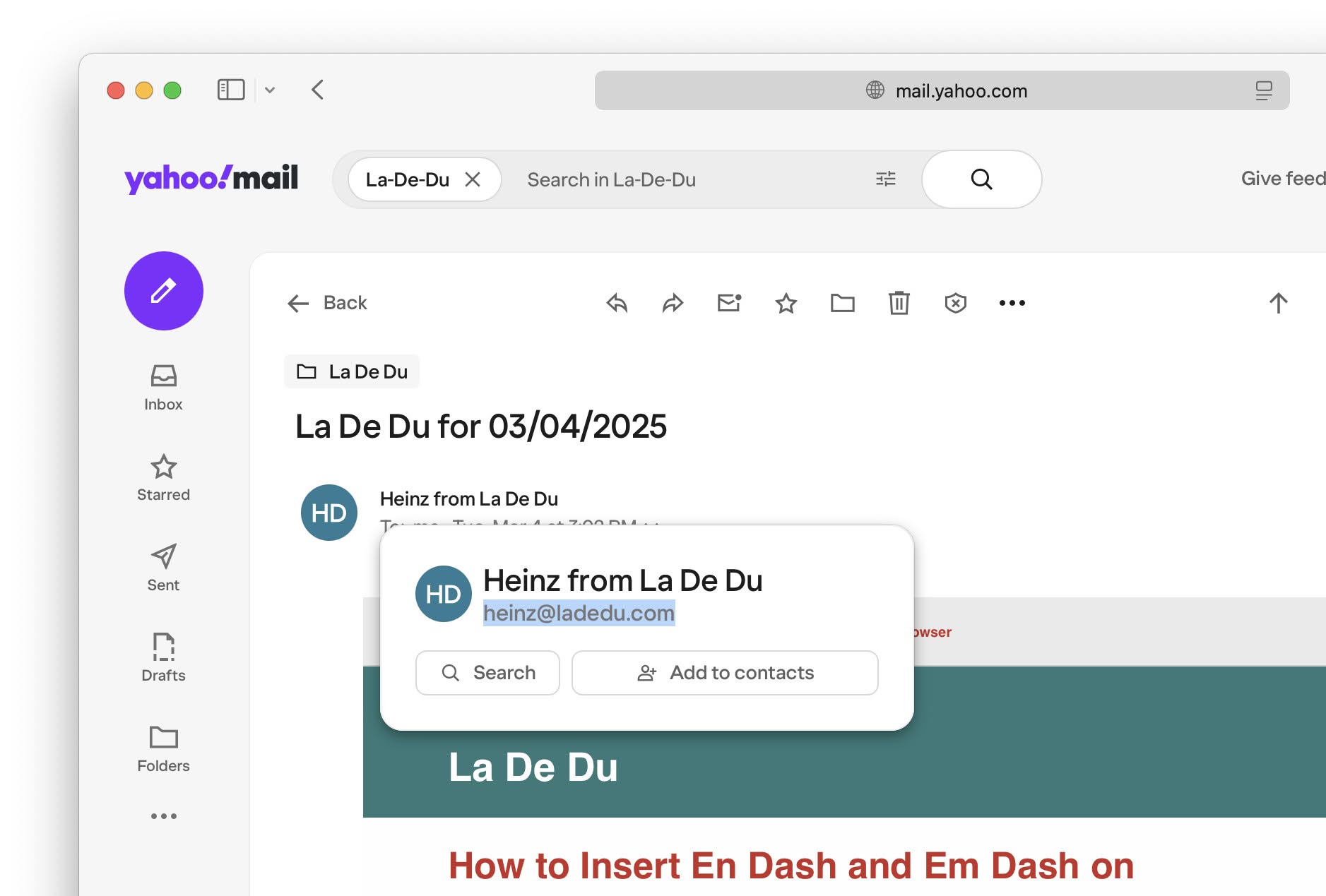 A sender email address highlighted for copying in Yahoo Mail in a desktop browser