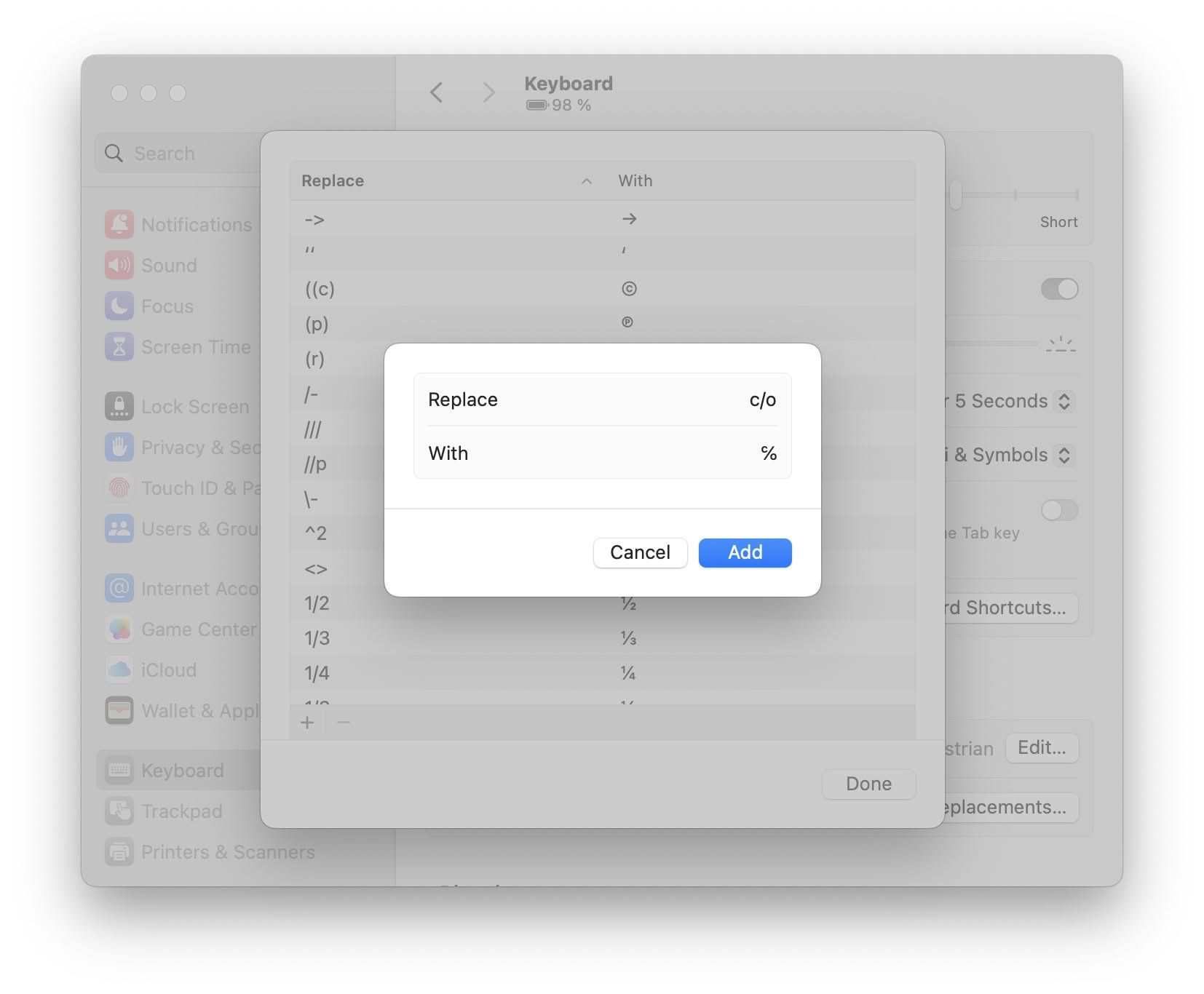 Add a text replacement for ‘℅’ (care of) on a Mac