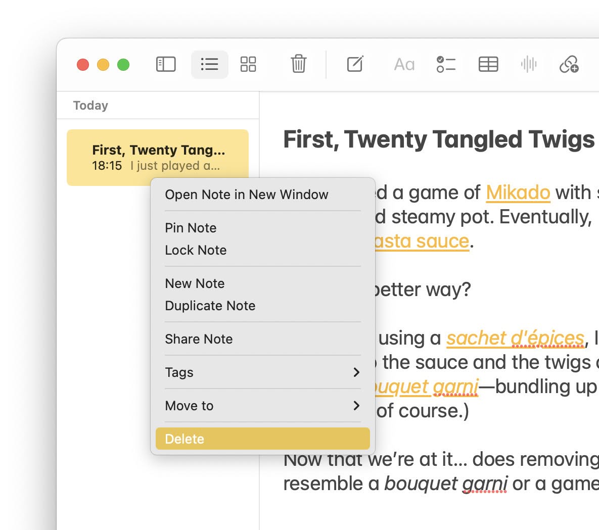 Deleting a note using the context menu in Apple Notes for Mac